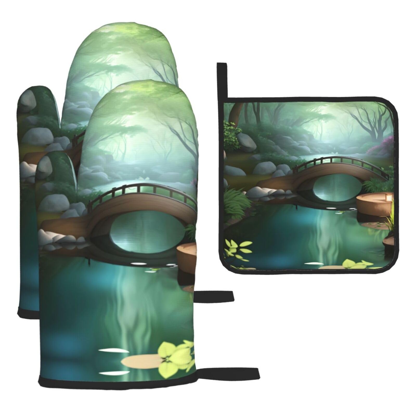 Little Bridge in the East Oven mittens and oven mitts three-piece set suitable for oven, grilling, baking, microwave and home cooking.