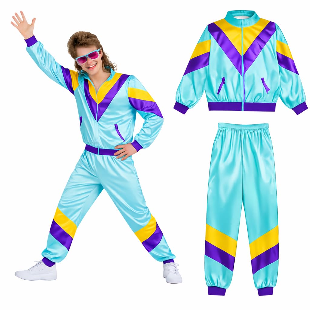 TK Gruppe Timo Klingler Trainingsanzug Outfit Overall - neon - 80er 90er Jahre für Retro Bad Taste - Jogginganzug Herren & Damen - Fasching & Karneval (M-L,blau)