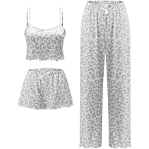 3 Piece Pajamas Set for Women Cami Shorts Pjs Pants Soft Loungewear | Camisole,Sleepwear,Lounge Set,Cotton,Sexy,Cute,Sleeveless,Adjustable Straps,Round Neck,Bow Decoration,Solid,Leopard Print