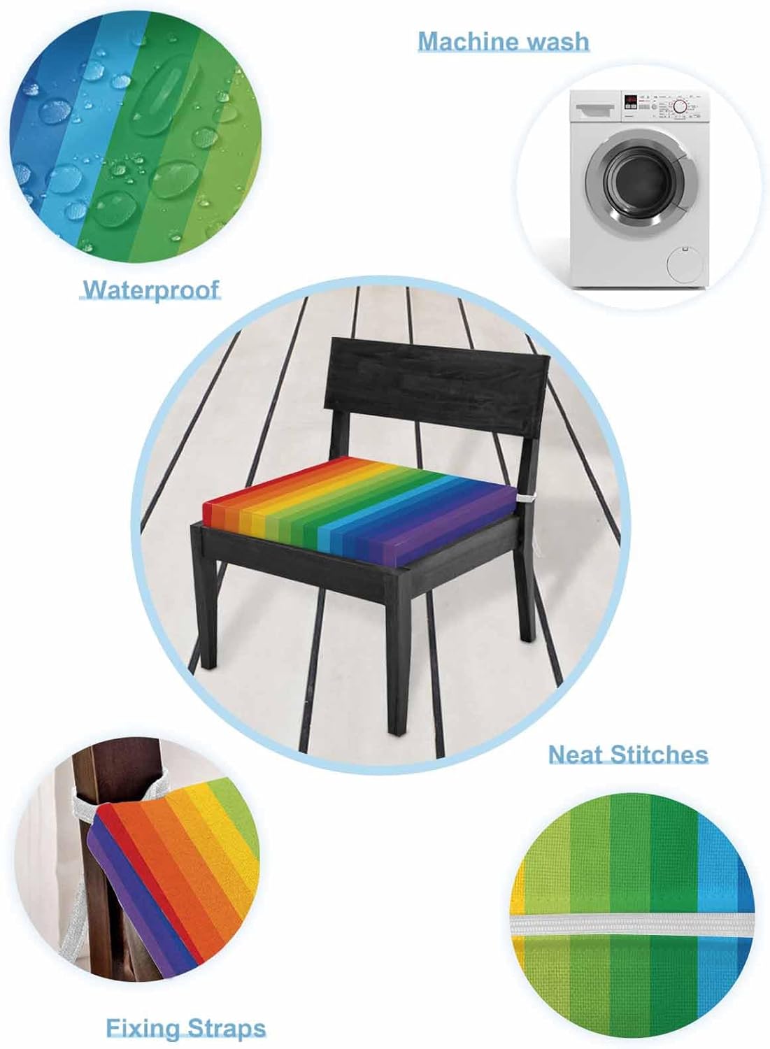 Outdoor Chair Cushion Covers 4 Pack, Rainbow Stripe Waterproof Sofa Couch Covers, Colorful Furniture Protector Seat Slipcovers for Patio Garden, 22" x 22"