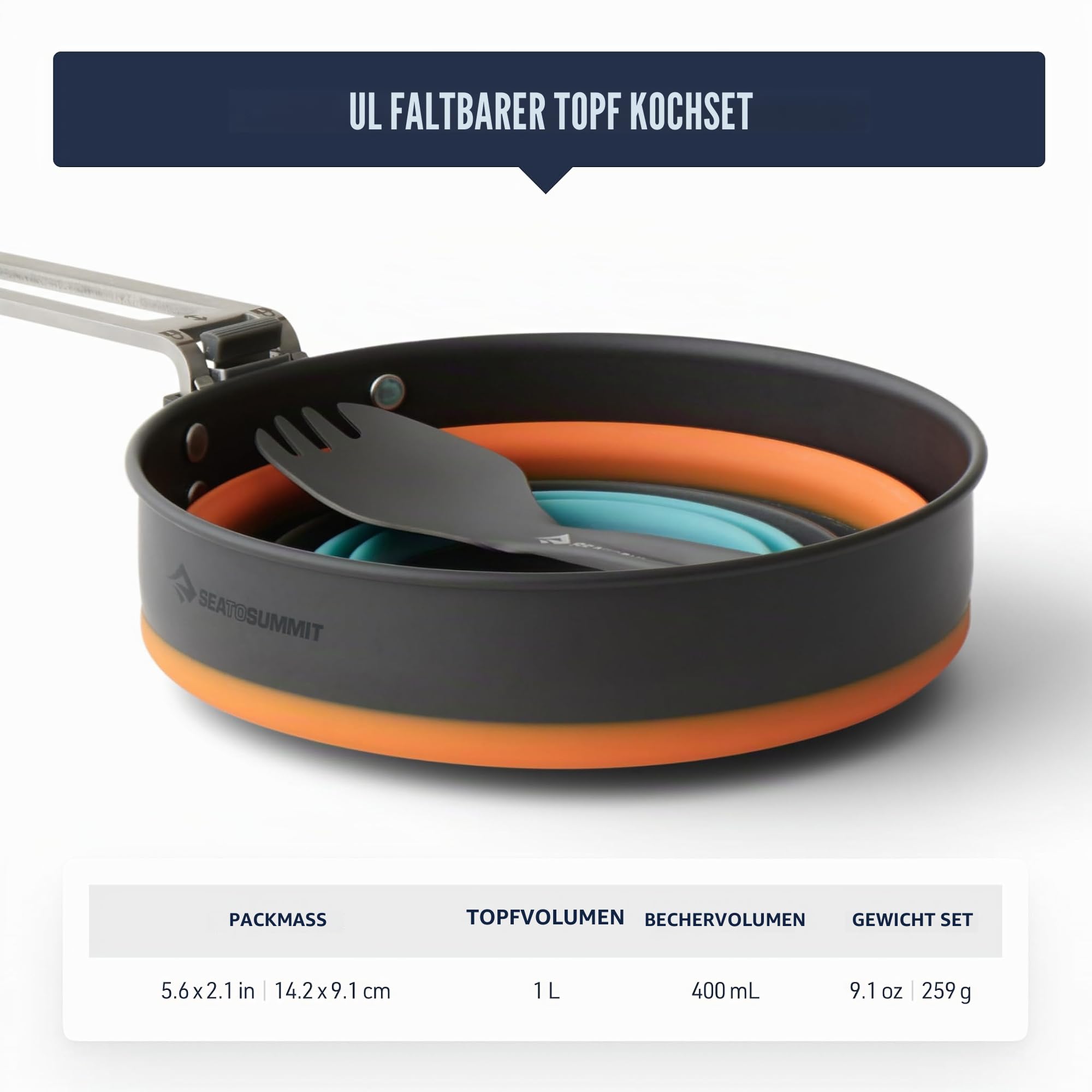 Sea to Summit - Frontier Ultralight Collapsible One Pot Cook Set - 1 Person, 3-teilig - 1 L Topf + Becher + Göffel - ohne PFAS & Langlebig - Camping-Kochgeschirr aus harteloxiertem Aluminium - 259 g