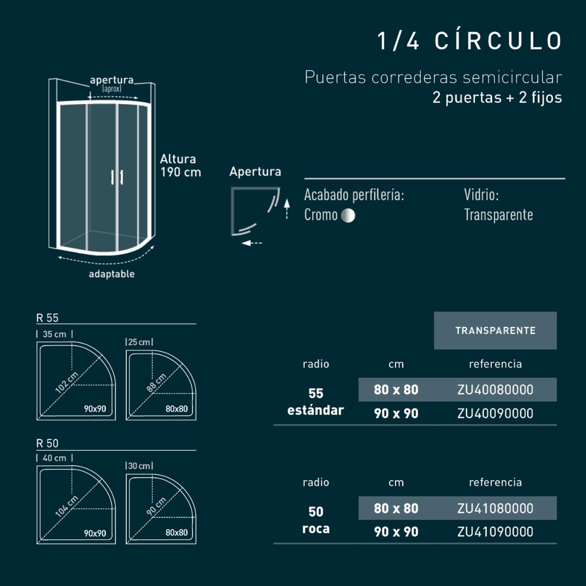 Mampara de Ducha Semicircular Corredera| Mampara Ducha Curva Angular Transparente| Cristal Templado 5mm Antical | Altura 190 cm| R50 80 X 80 cm