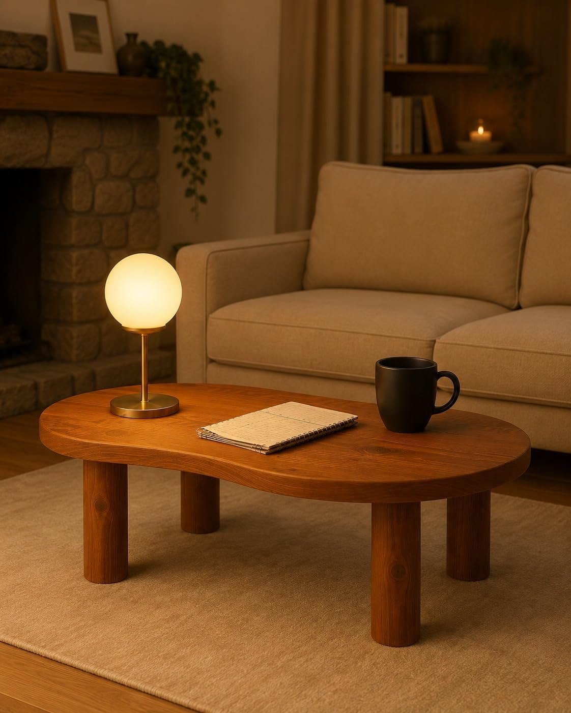 Organic Shaped Wooden Coffee Table, Walnut Finish, Oval Top, Cylindrical Legs, Living Room-image-28