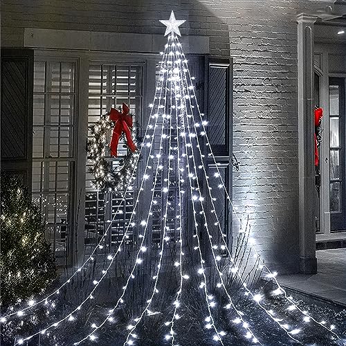 Acxilexy Waterfall Tree Lights, 2m/ 6.56ft x 9 Lines USB Christmas Tree Lights with Topper Star, 198 LEDs Waterproof Fairy Lights with 8 Lighting Modes for Indoor Outdoor Xmas Tree Garden Decor