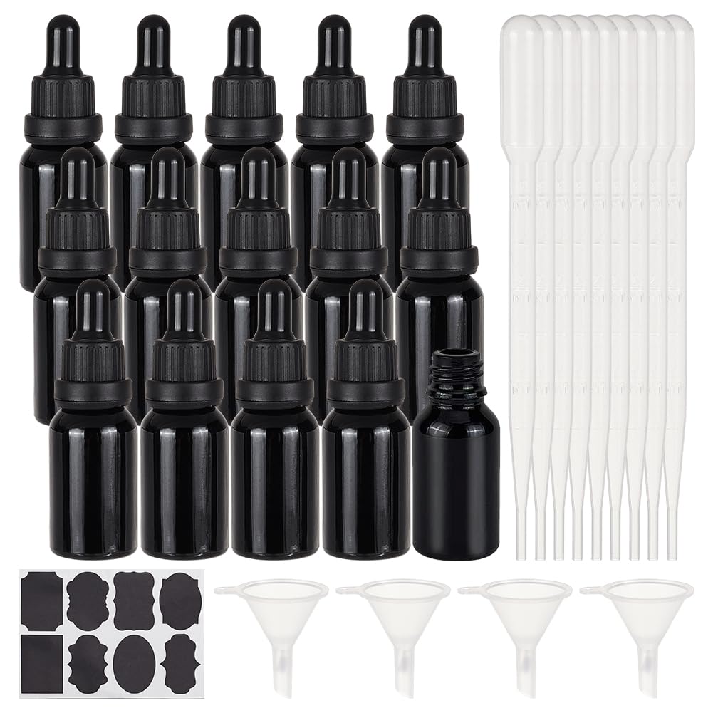Flacon compte-gouttes en verre noir 15ml BENECREAT avec pipettes et étiquettes pour aromathérapie