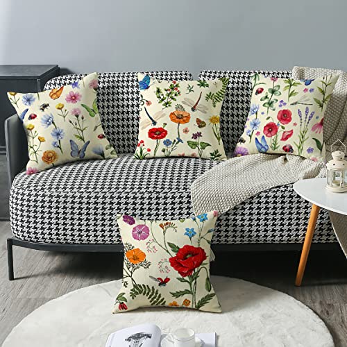 Wyooxoo Throw Pillow Covers 18X18 Set Of 4 Summer Spring Farmhouse Pillow Covers Linen Floral Decorative Cushion Case For Sofa Couch Outdoor Patio Living Room (18" X 18") #TOP4