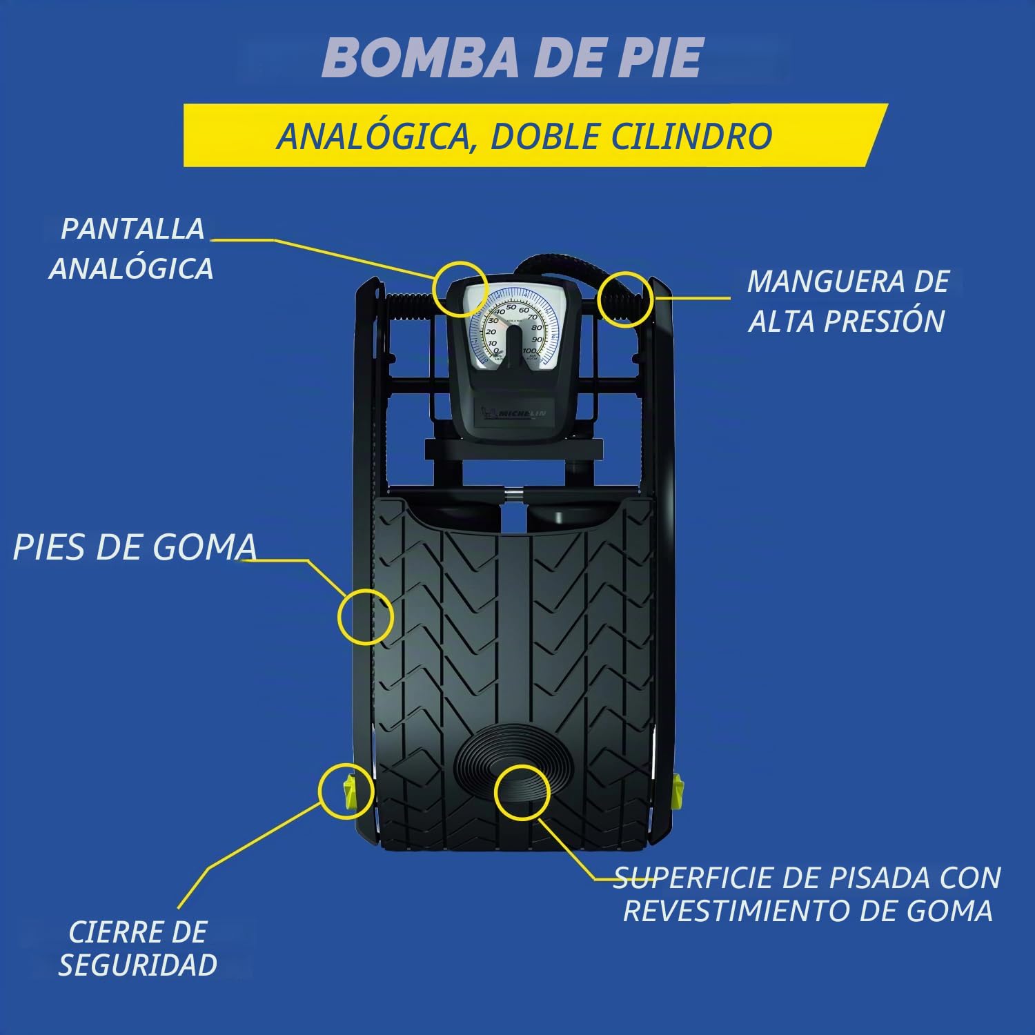 Michelin Bomba de Aire analógica de Doble Cilindro, Color Negro