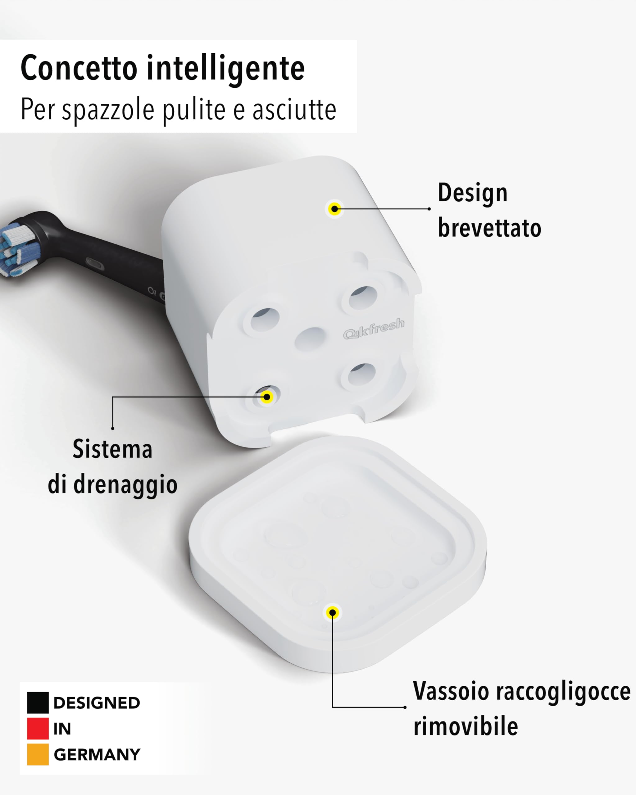 Qikfresh - Supporto per 4 testine e spazzolini elettrici - Compatibile con Oral-B, iO, Philips Sonicare, Waterpik, Fairywill - In silicone alimentare (Bianco)