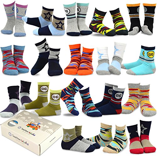 TeeHee Little Boys and Toddlers Casual Sports Novelty Cotton Crew Socks 18 Pair Pack Gift Box