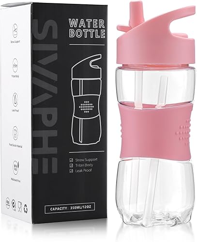 Sivaphe Botella de agua para niños con pajilla, 12 onzas, sin BPA, de plástico Tritan para niñas pequeñas, botella transparente para beber para el