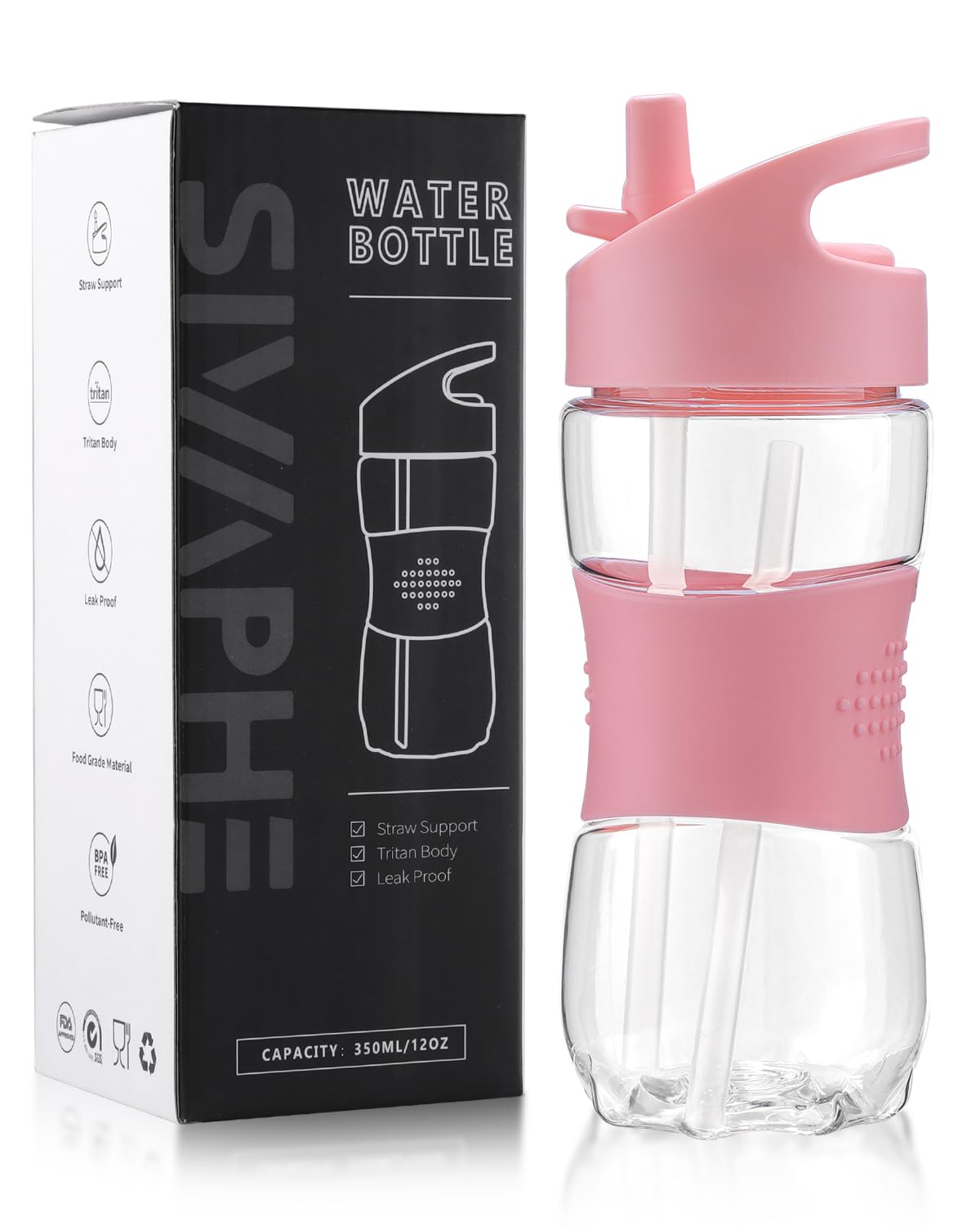 Sivaphe Clear Kids Water Bottle with Straw Cap 12 oz Portable Leak-Proof Tritan Small Beverage Bottle 350 ml