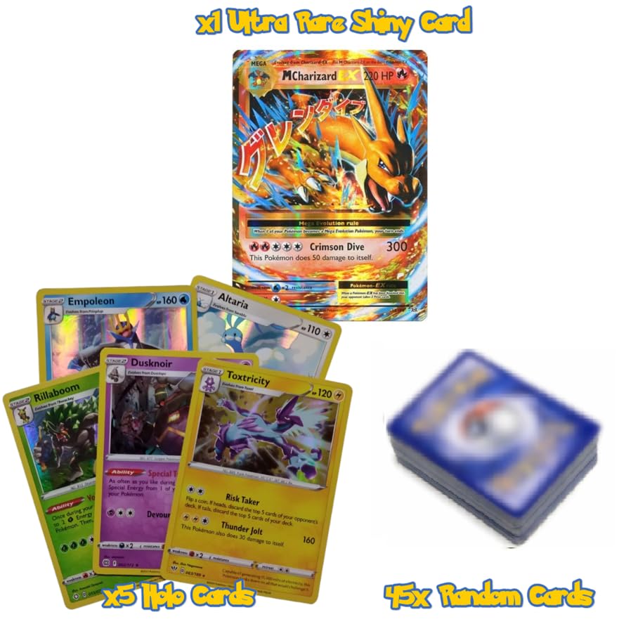 Ultimate 50 Card Bundle - Guaranteed 5 Holos + 1 Ultra Rare Shiny Card (EX GX V VMAX or Full Art) - No Duplicates