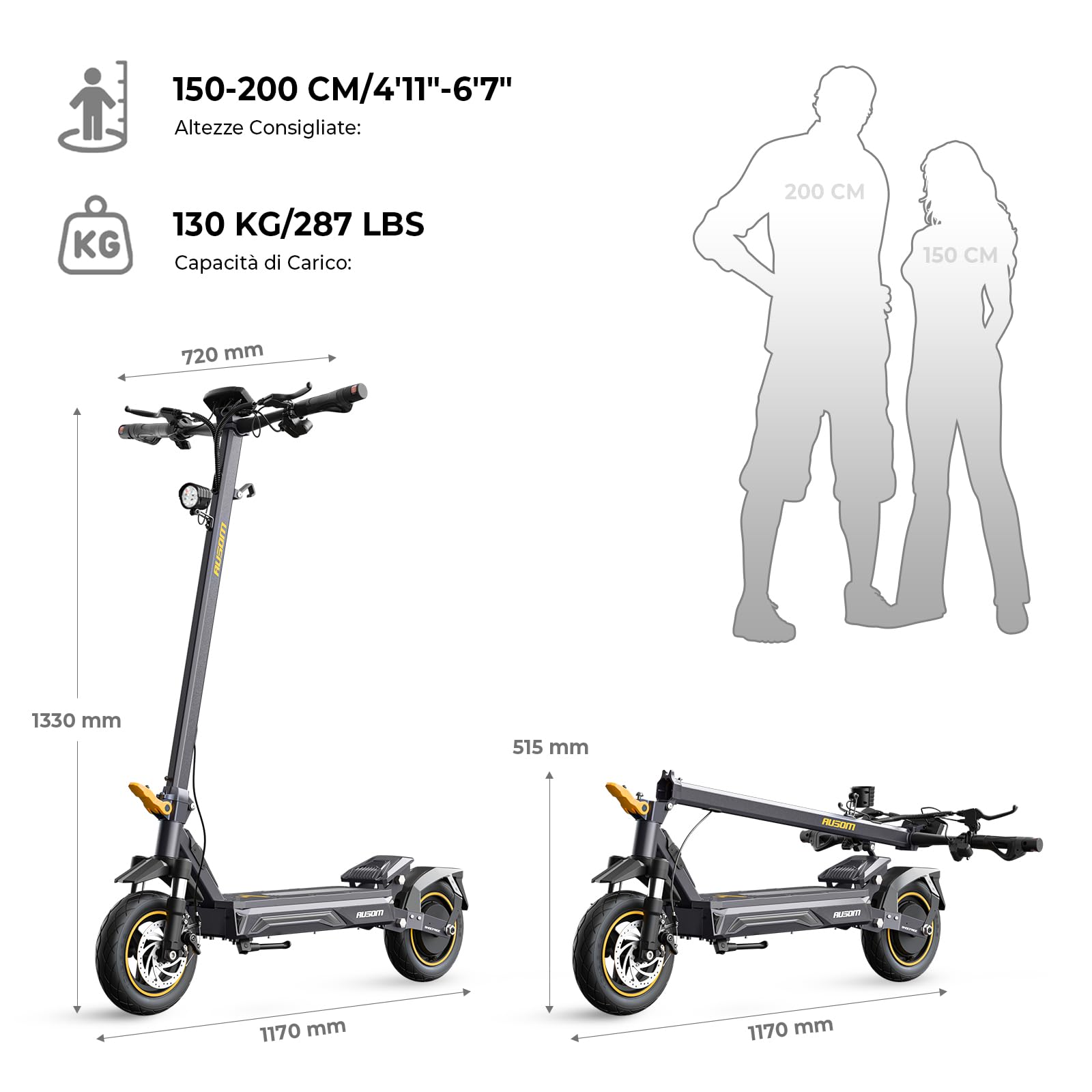 Monopattino Elettrico, Ausom K20/K20 Pro, 90KM /70KM Autonomia, Sospensione ShocFree, Pneumatici 10" Antiforatura, Freni a Disco+E-ABS
