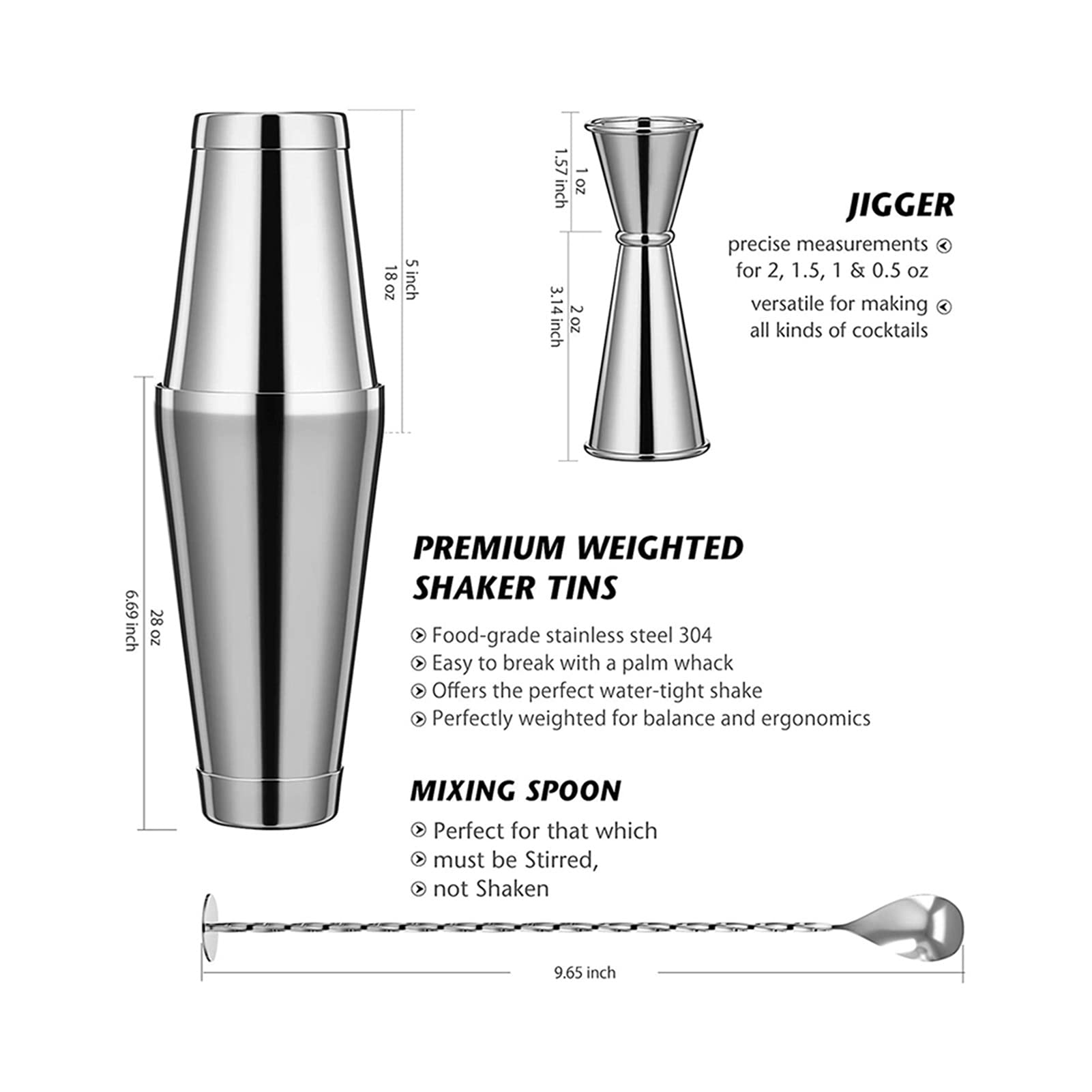 Juego de Coctelera Coctelera Coctelera de 3 piezas Kit de barman de 3 piezas Barra profesional Bartendle Herramienta de acero inoxidable Boston Shaker para bares, hogares, fiestas Agitador de Cócteles