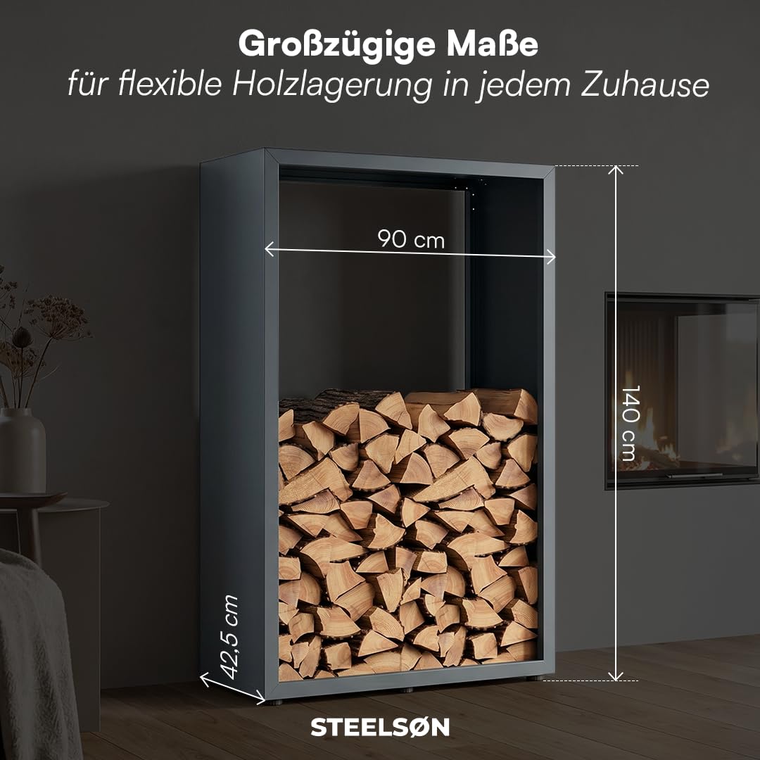 STEELSØN Keid Kaminholzregal 140x90x42,5 cm – Brennholz Regal für innen/außen – Holzunterstand stabiles Metall - rostfrei & wetterfest - Feuerholz Aufbewahrung Outdoor & Wohnzimmer/Keller - anthrazit