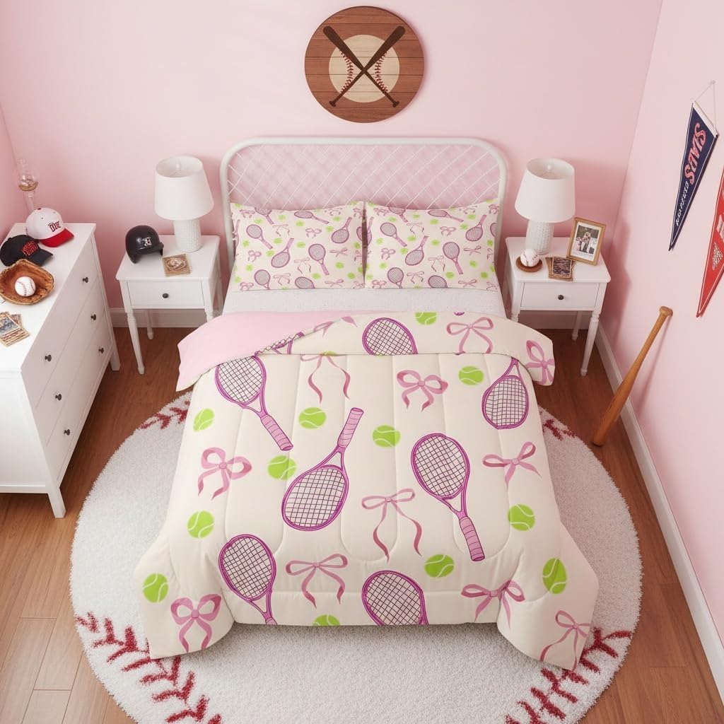 Tennis Kids Queen Comforter Sets,Girls Sport Cute Bowknot Reversible Bedding Set for Boys Teens,Outdoor Sport Ball Game Quilt Set 3 PCS,Pink Yellow Cute Princess Duvet Insert,2 Pillow Cases
