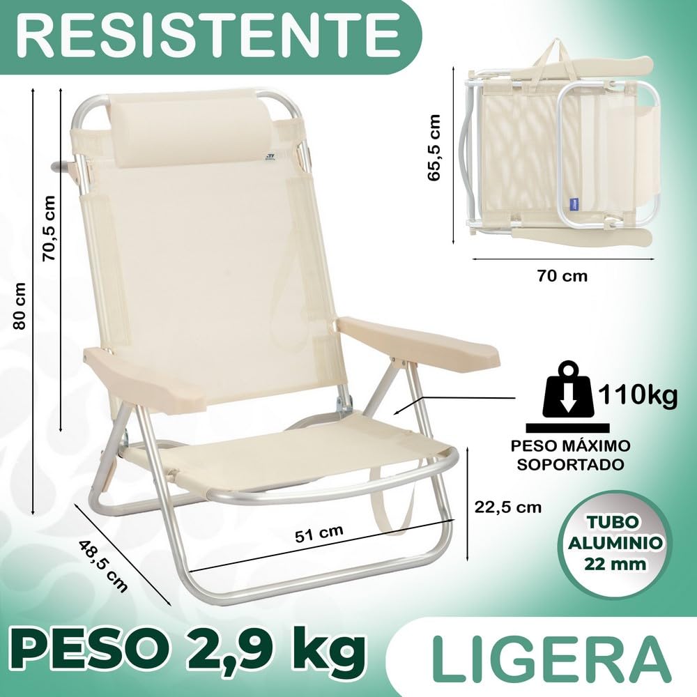 MONTY Silla de 4 Posiciones con Cojin en Color Beige. Fabricada en Aluminio y Textileno. Medidas 61 x 47 x 80 cm. Tubo de 22 mm de Grosor. Muy Comoda e Ideal para Dias de Playa.