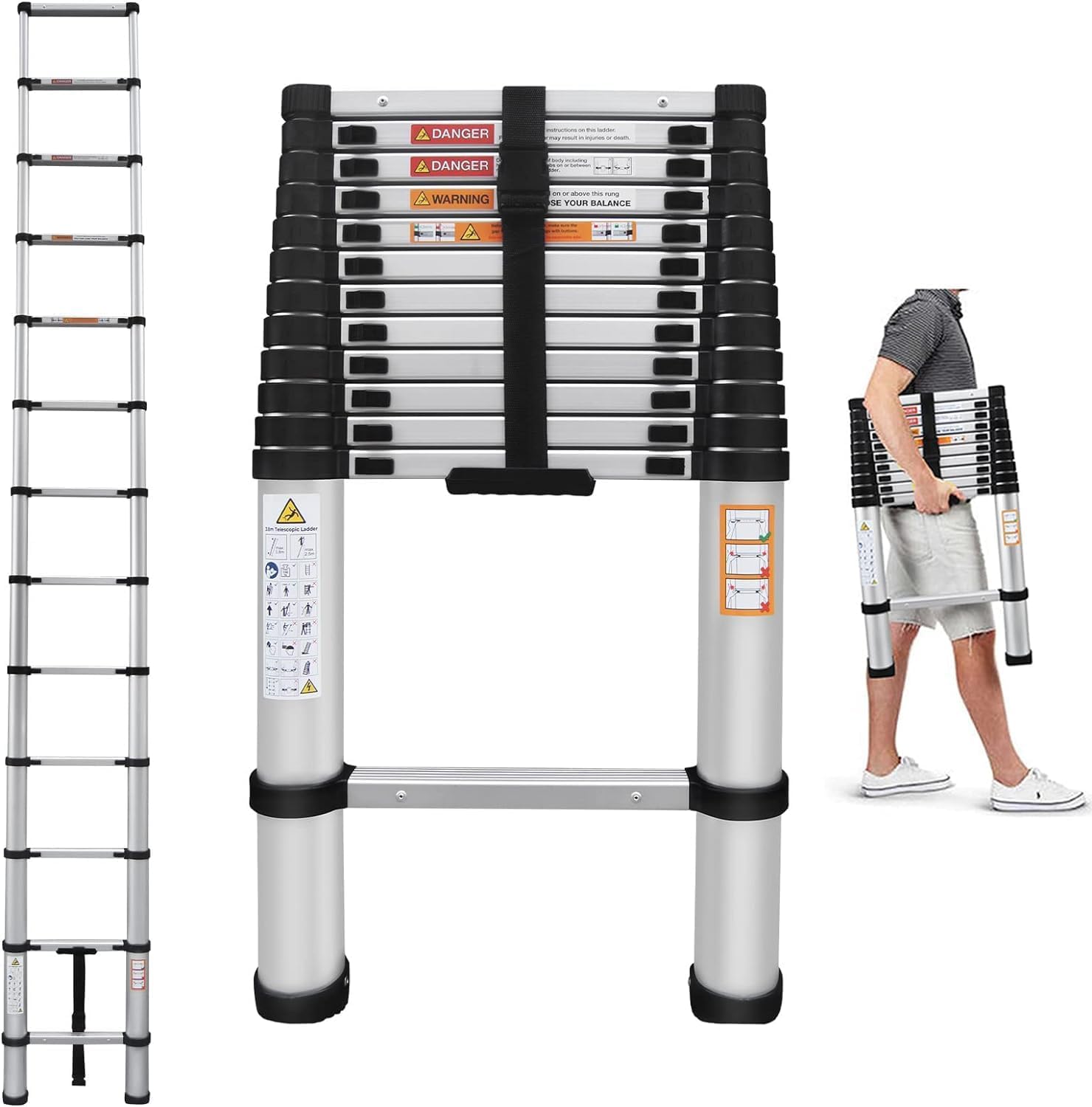 Telescoping Ladder,Aluminum Extension Ladder 16.4ft,Heavy Duty Telescoping Ladder Portable Easy to Transport,Weight 26.7lbs,330lbs Load Capacity,with Non-Slip Rubber Feet,4cm Wide Step,for H