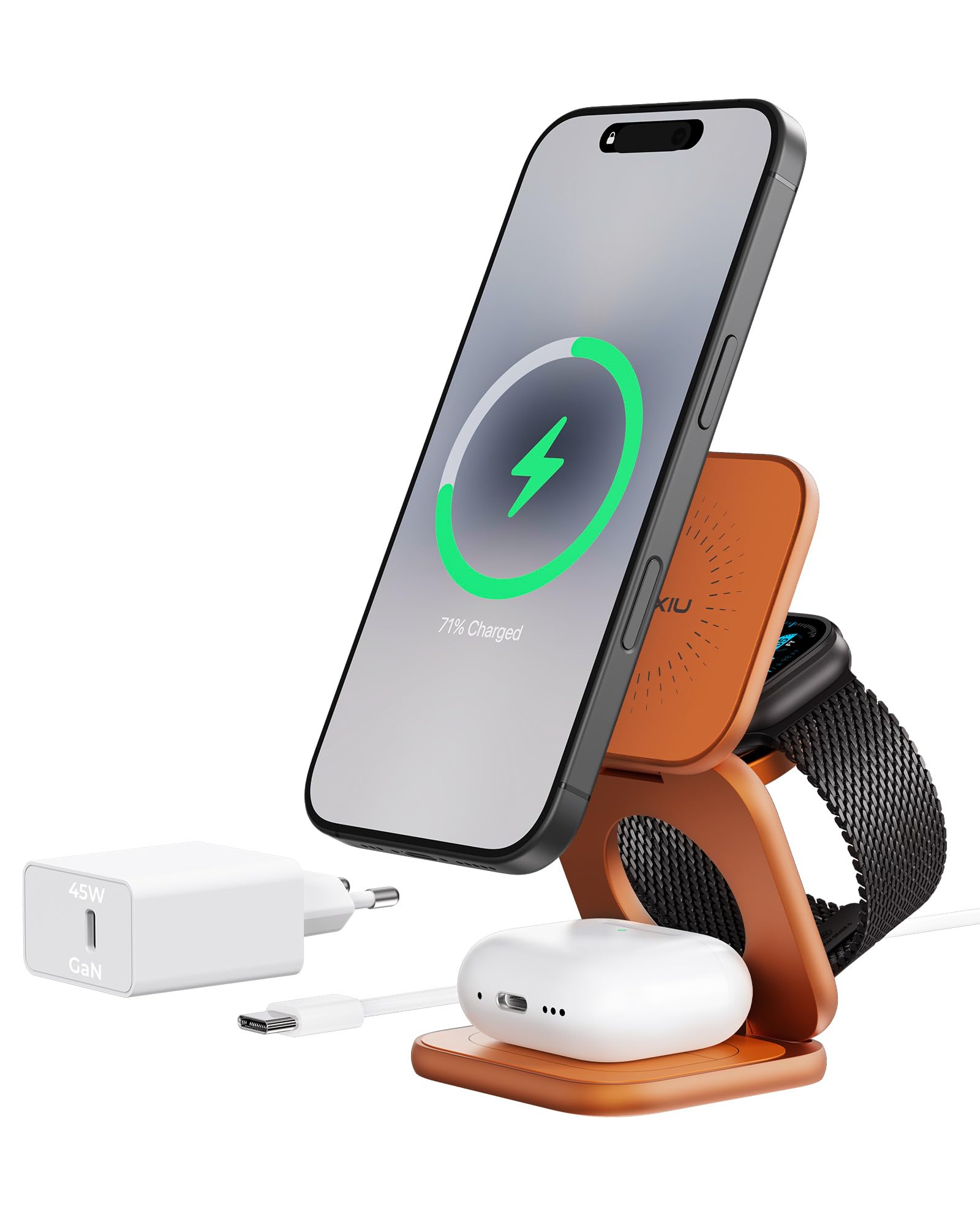 KU XIU X40 Turbo Qi2 25W Stazione di Ricarica, Caricatore Wireless 3 in 1 Pieghevole per iPhone 17/16/15/14/13/12/Air, 5W per iWatch & Auricolari Wireless, Design in Alluminio, Arancione Cosmico