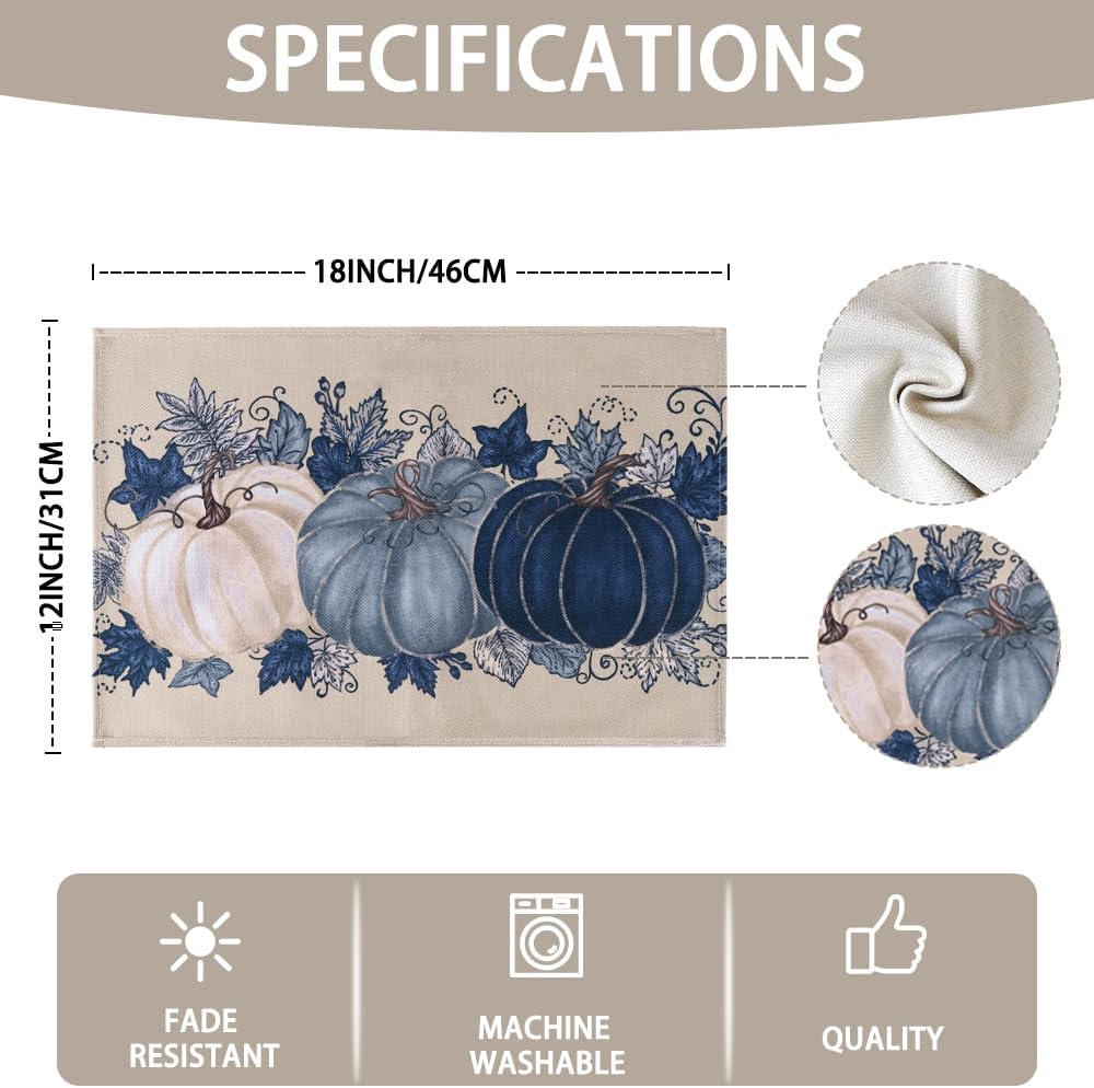 Fall Thanksgiving Placemats Set of 4 Blue Vintage Pumpkin Decorative