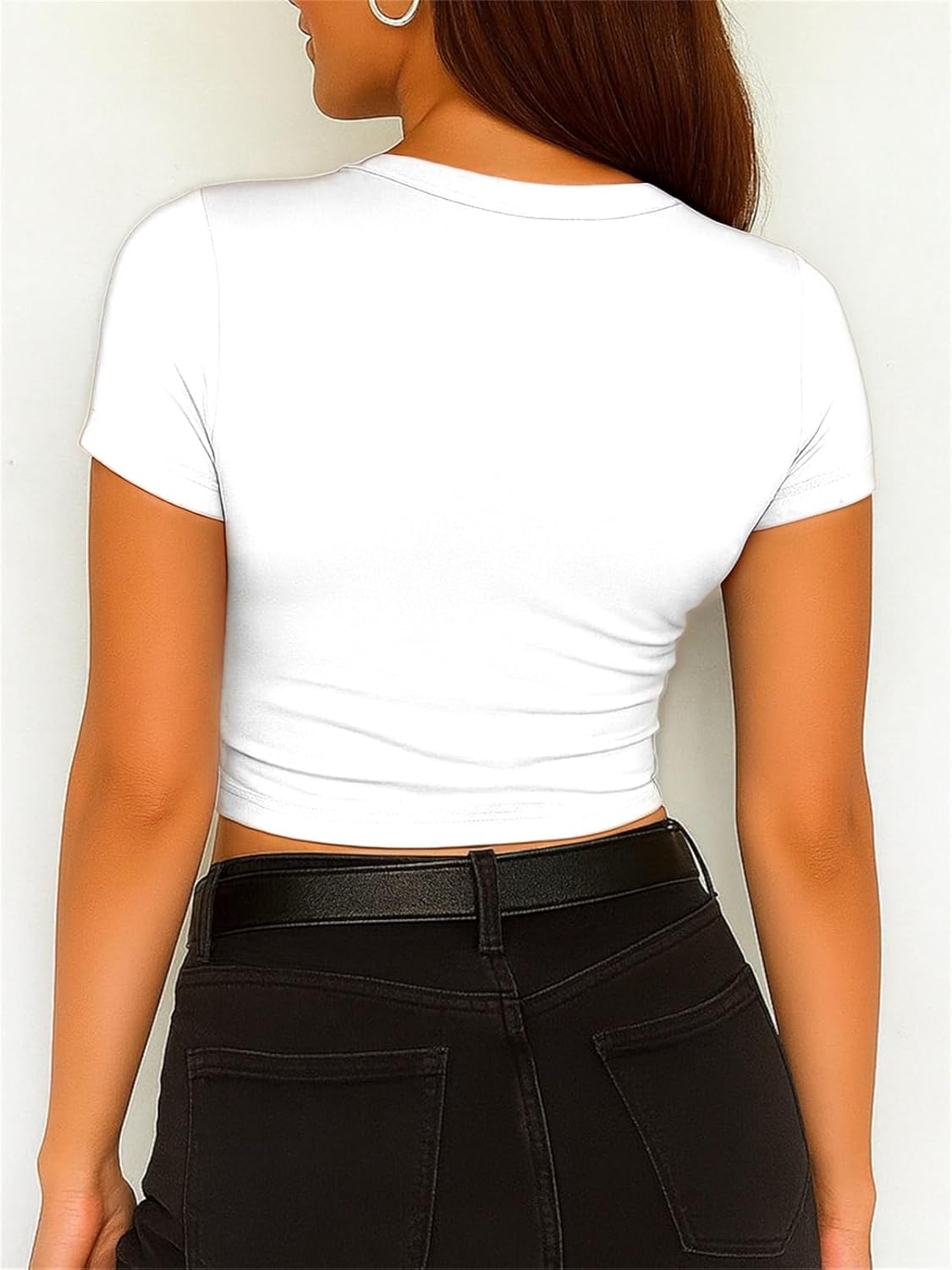 ForeFair Women's Casual Going Out Crop Tops Crew Neck Slim Fit Short Sleeve Basic Tight T Shirts - Image 4