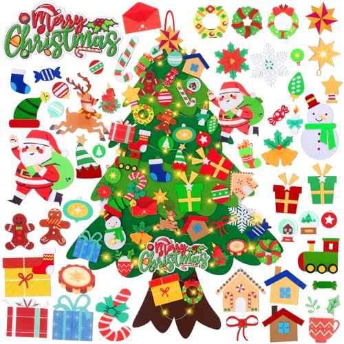 HarnyLoom 50 PCS Árbol de DIY Navidad de Fieltro 105 cm con Muñeco Papá Noel con 50 Adornos Desmontables Decoración de la Pared de la Colgante para Casa Puerta del Hogar Niños (50 piezas)