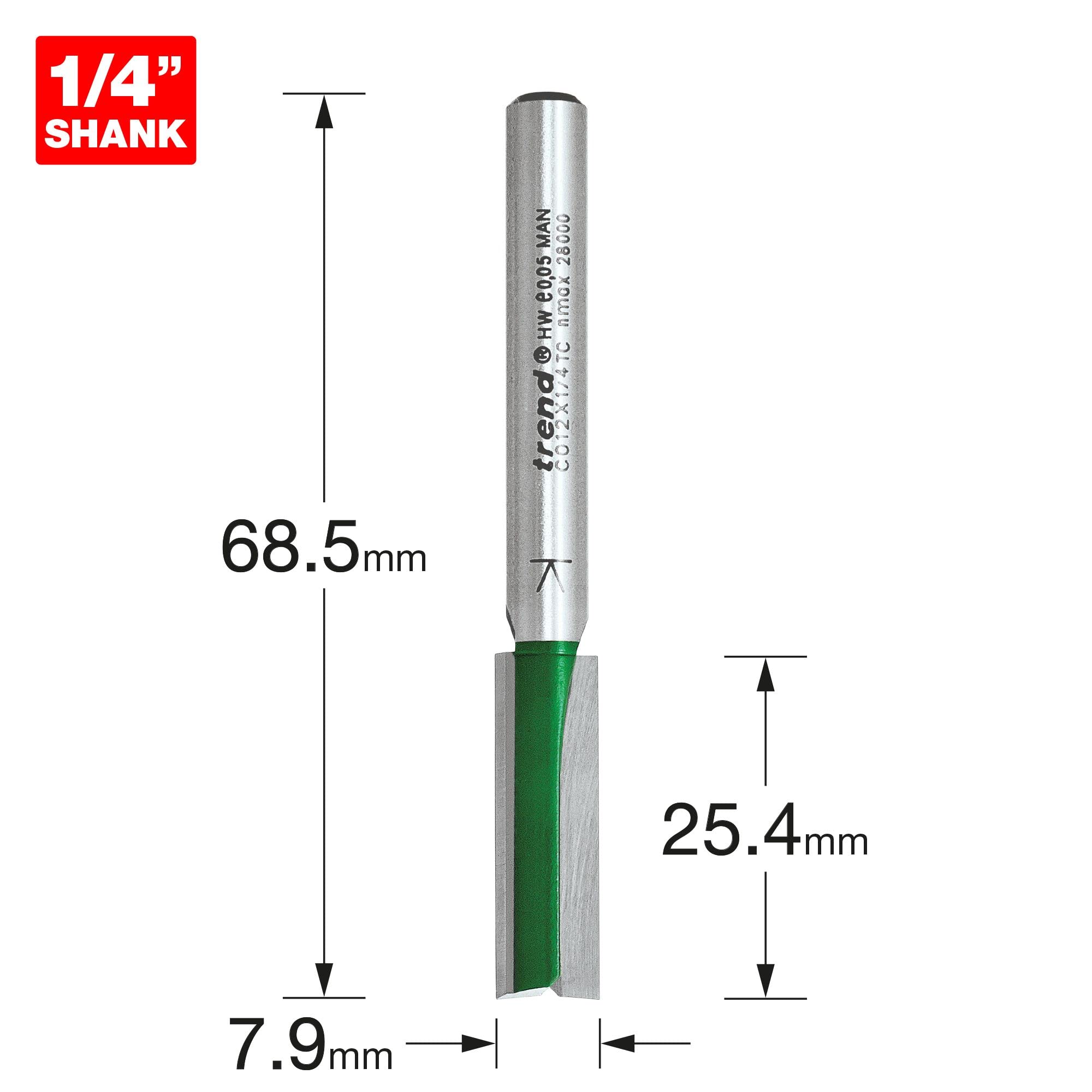 Trend CraftPro Straight Two Flute Router Cutter Bit, 1/4 Inch Shank, 7.9mm Cut Diameter & 25.4mm Cut Length - Image 3
