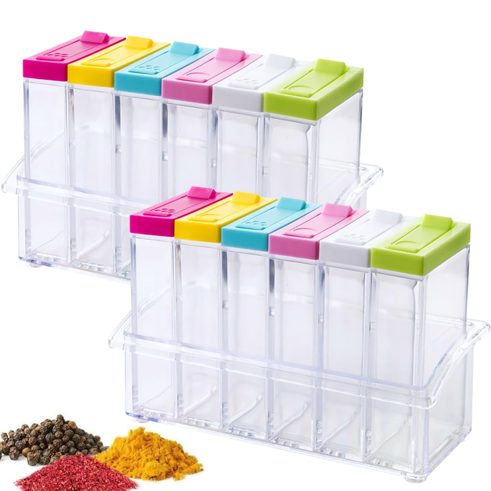12 PCS Colorful Spice Shaker Jars, Salt and Pepper Shakers Set, Seasoning Shaker Boxes Condiment Set, Anberky Plastic Spice Dispenser Case Clear Seasoning Storage Container Bottle with Lid & Tray (#B)