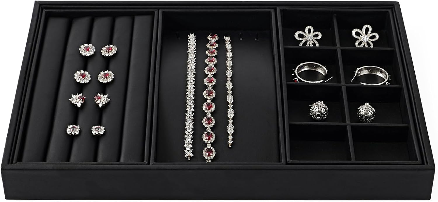 Oirlv 4 in 1 Black Premium Leather Multifunctional Jewelry Display Tray for Rings,Earrings and Bracelets Organizer and Storage