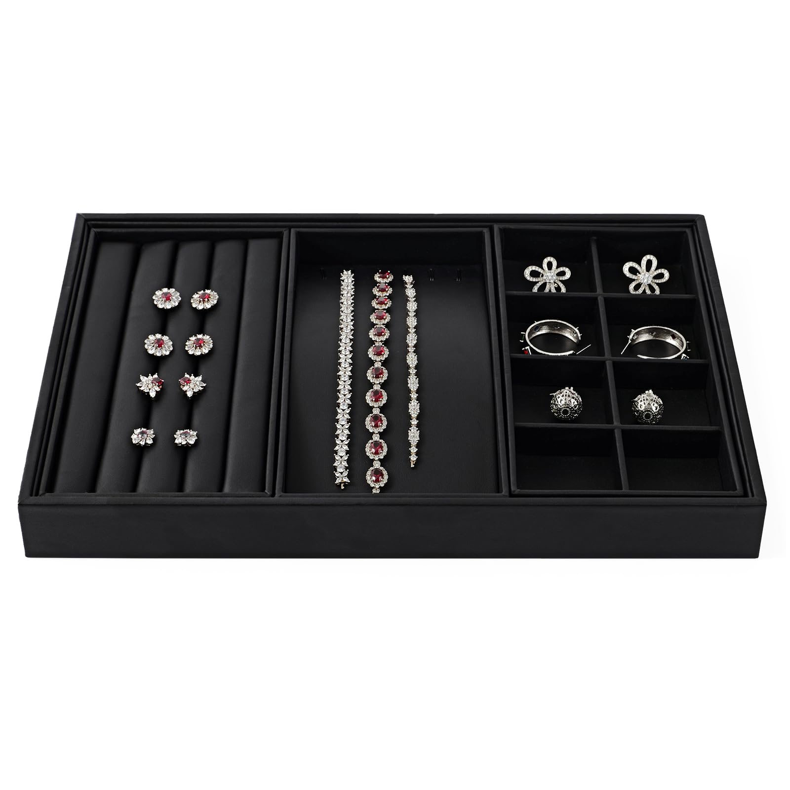 Plateau à Bijoux Oirlv En PU Cuir Noir - 7 Alvéoles Modulables, Empilable, Pour Présentation Coiffeuse Ou Vitrine