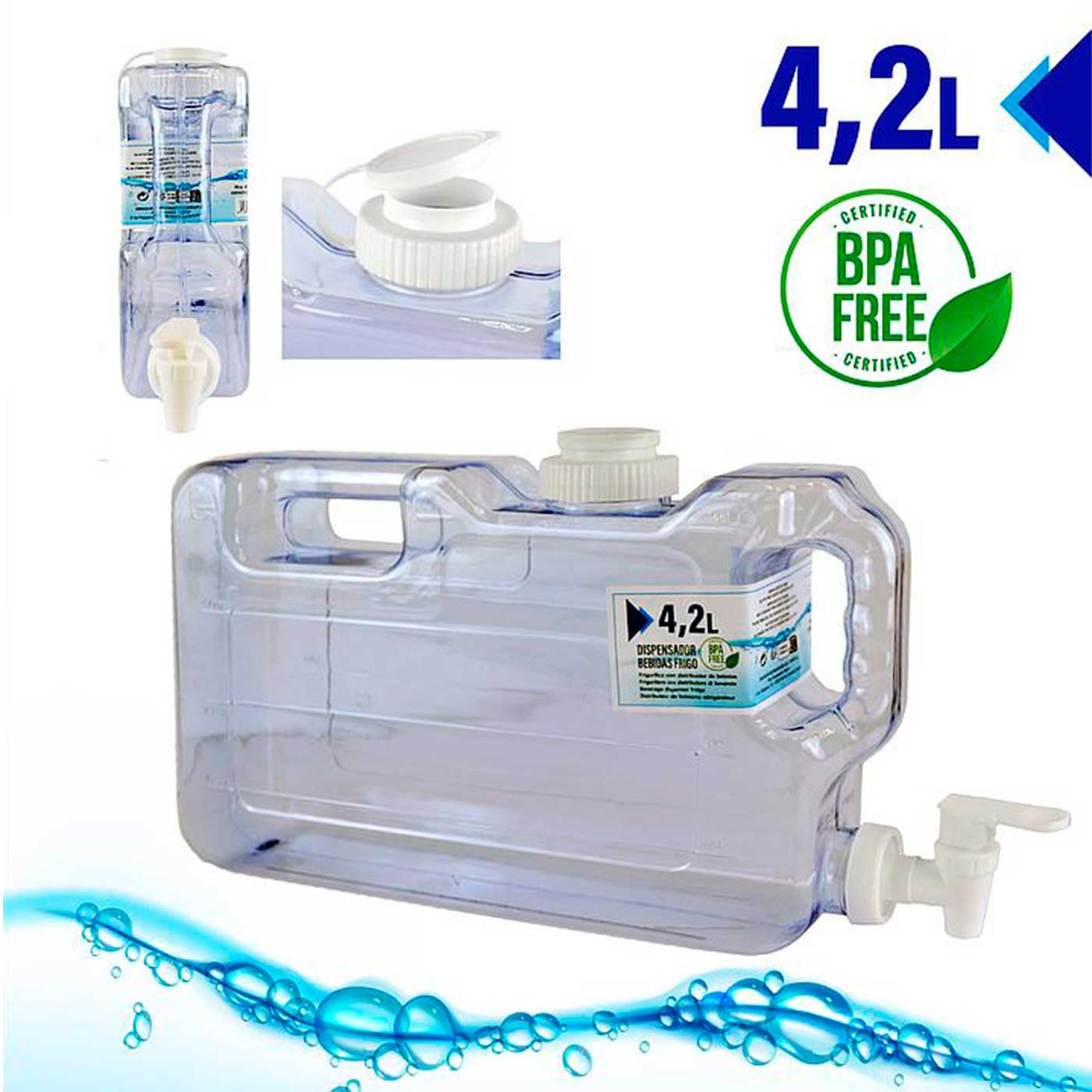 Tradineur - Dispensador de bebidas de plástico 4,2 litros con grifo y asa 20,5 x 7,5 x 39 cm, botella dispensadora agua para frigorífico, tanque, garrafa reutilizable con grifo para nevera