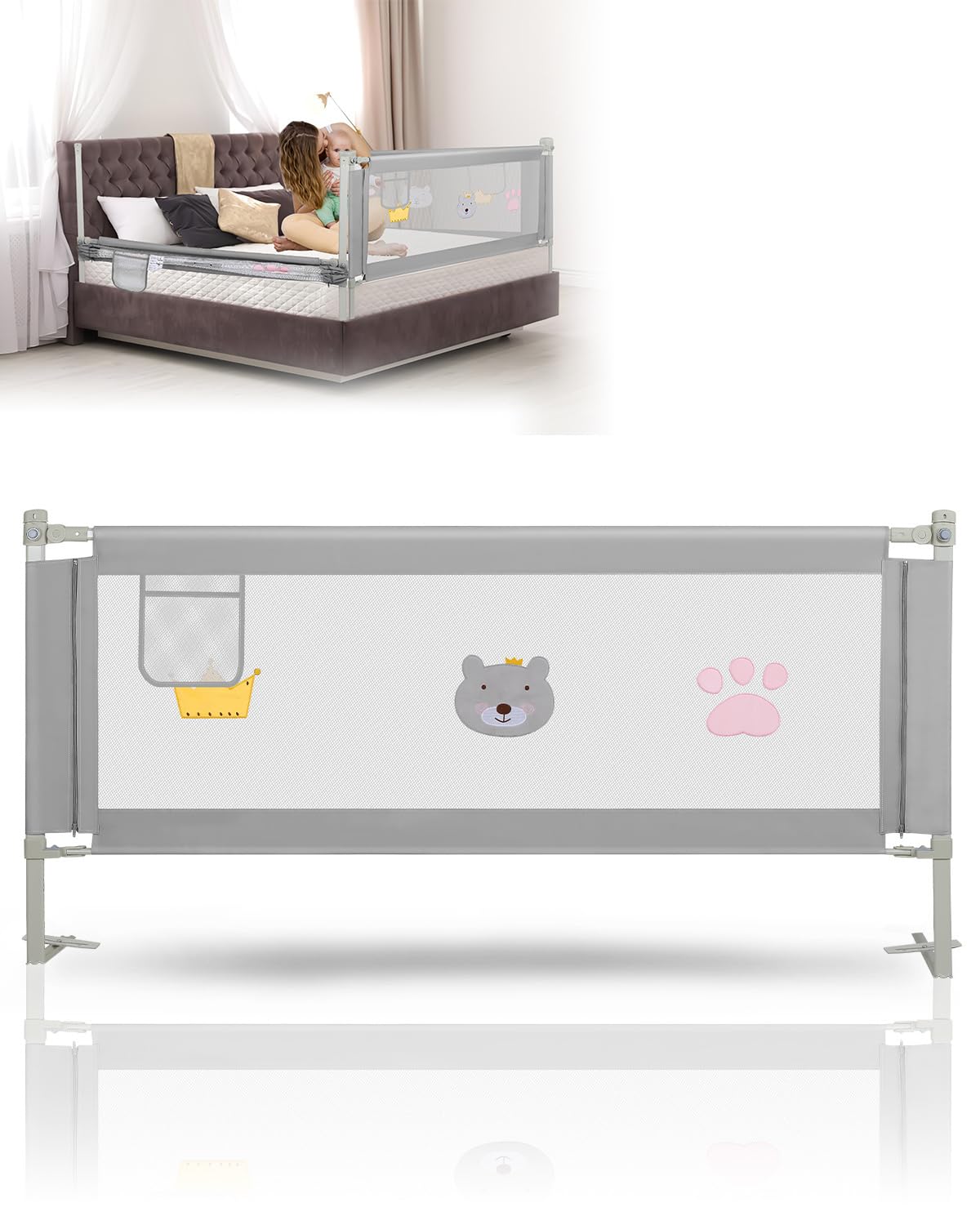 Barrera de cama para bebé, 200 × 70 cm, altura ajustable, barrera protectora para cuna de 70 – 98 cm, resistente con cierre de seguridad, malla transpirable, gris