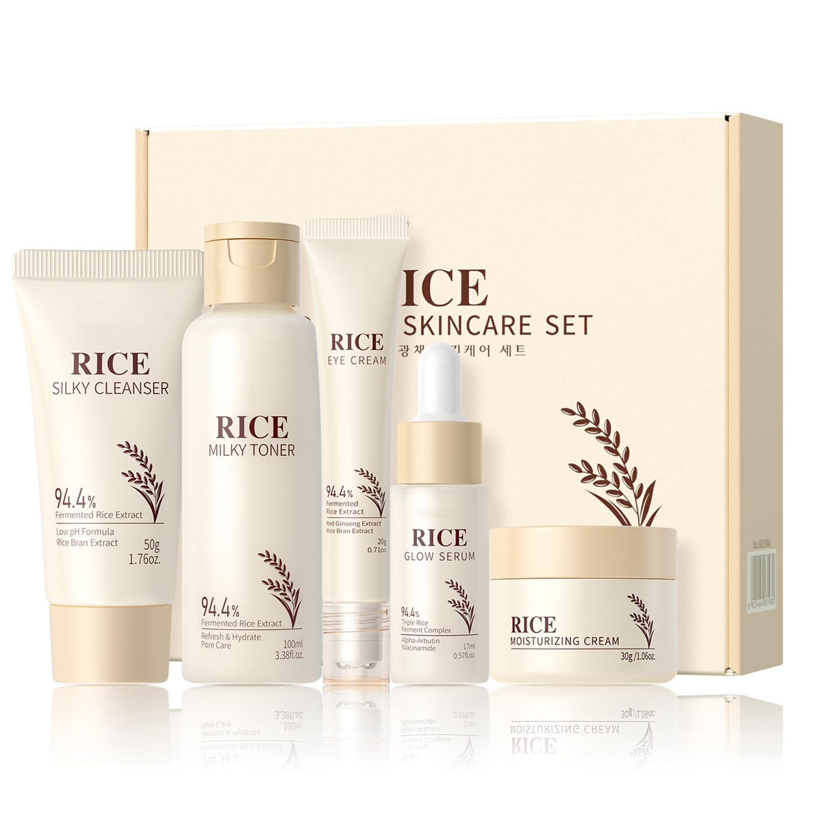Korean Skincare Set,Glass Skin Care Gift Set,Rice Skin Care Sets & Kits-Rice Cleanser,Toner,Serum,Cream,Eye Cream,Facial Kit for Glowing Skin,Rice Raw Pulp Beauty Gift Set for Women (One Size