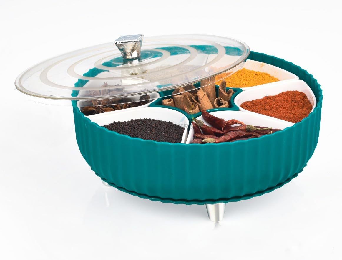 HomeWiz Rotating Round Masala Box | BPA-Free Large Airtight Masala Dabba | Food Grade Transparent Spice Container For Kitchen | Masala Container Set with Measuring Spoons | For Spices & Dry Fruits