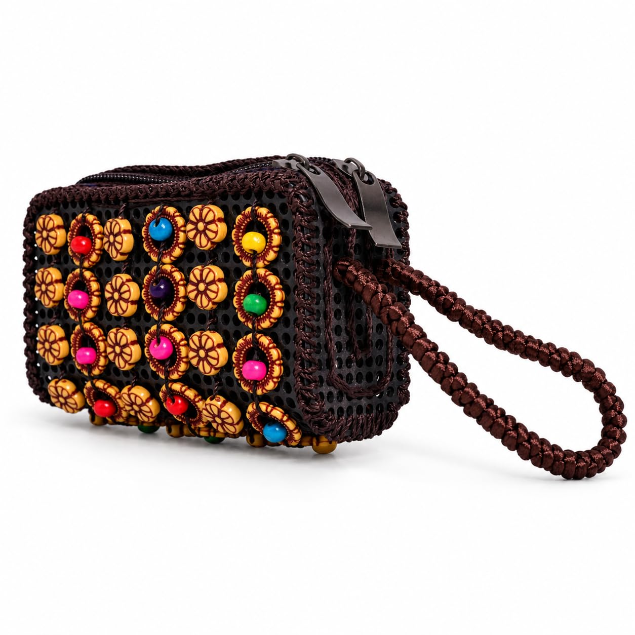 Handcrafted Beaded Wristlet Pouch for Women, Multicolour Floral Small Clutch Purse with Double Zip Closure and Hand Strap for Cash, Cards, Keys & Small Essentials-image-31