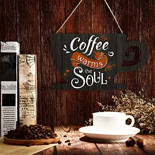 Image of Jetec Wooden Coffee Bar Signs for Wall 11.8 x 6.8 Inches Hanging Sign Rustic Vintage Cup Plaque Coffee Warms The Soul for Cafe Station Signs Decorations Small Farmhouse Cafe Sign Home Kitchen
