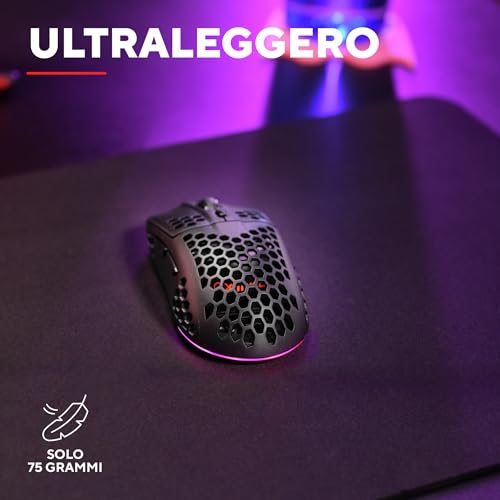 GXTrust 929 Helox Mouse Gaming Wireless Superleggero 75g, 80h di Durata Batteria, 2.4GHz Ricevitore USB, Regolazione DPI (800-4800), Illuminazione LED, Mouse Wireless Ricaricabile - Nero - Immagine 2