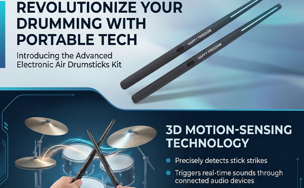 Electronic Drumsticks Kit 3D Motion Sensing Technology Virtual Reality Simulate Sound 3D Motion Sensing Air Drumsticks Rechargeable for Beginner Kids Home Office Outdoor (black) miniatura 5