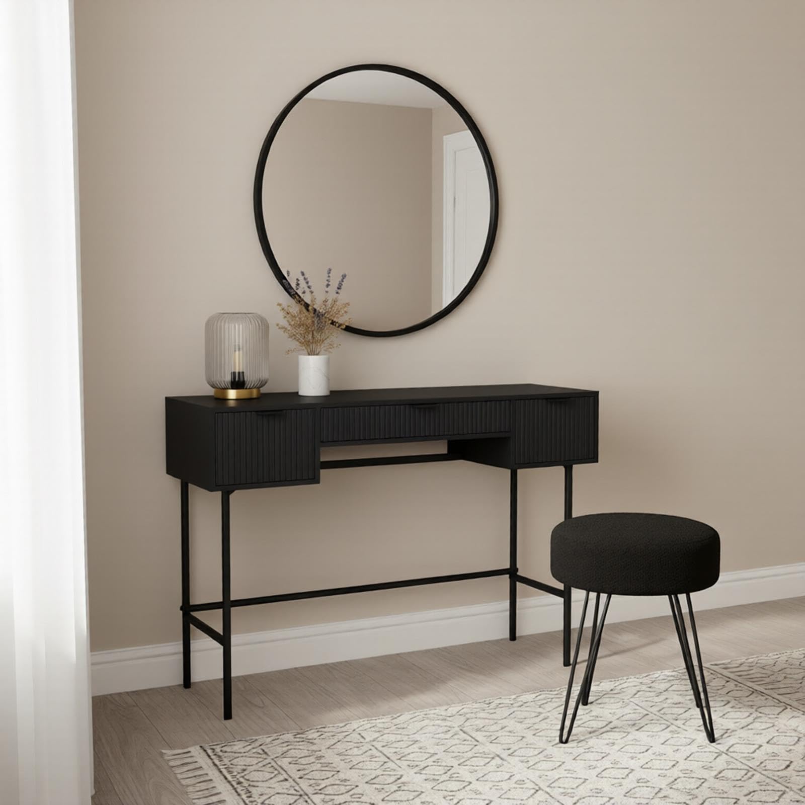 OHS Dressing Table, Ribbed Wooden Vanity Table with 3 Drawers Decorative Drawer Organiser with Metal Frame Modern Makeup Desk for Bedroom, Black - 110 x 35 x 75cm