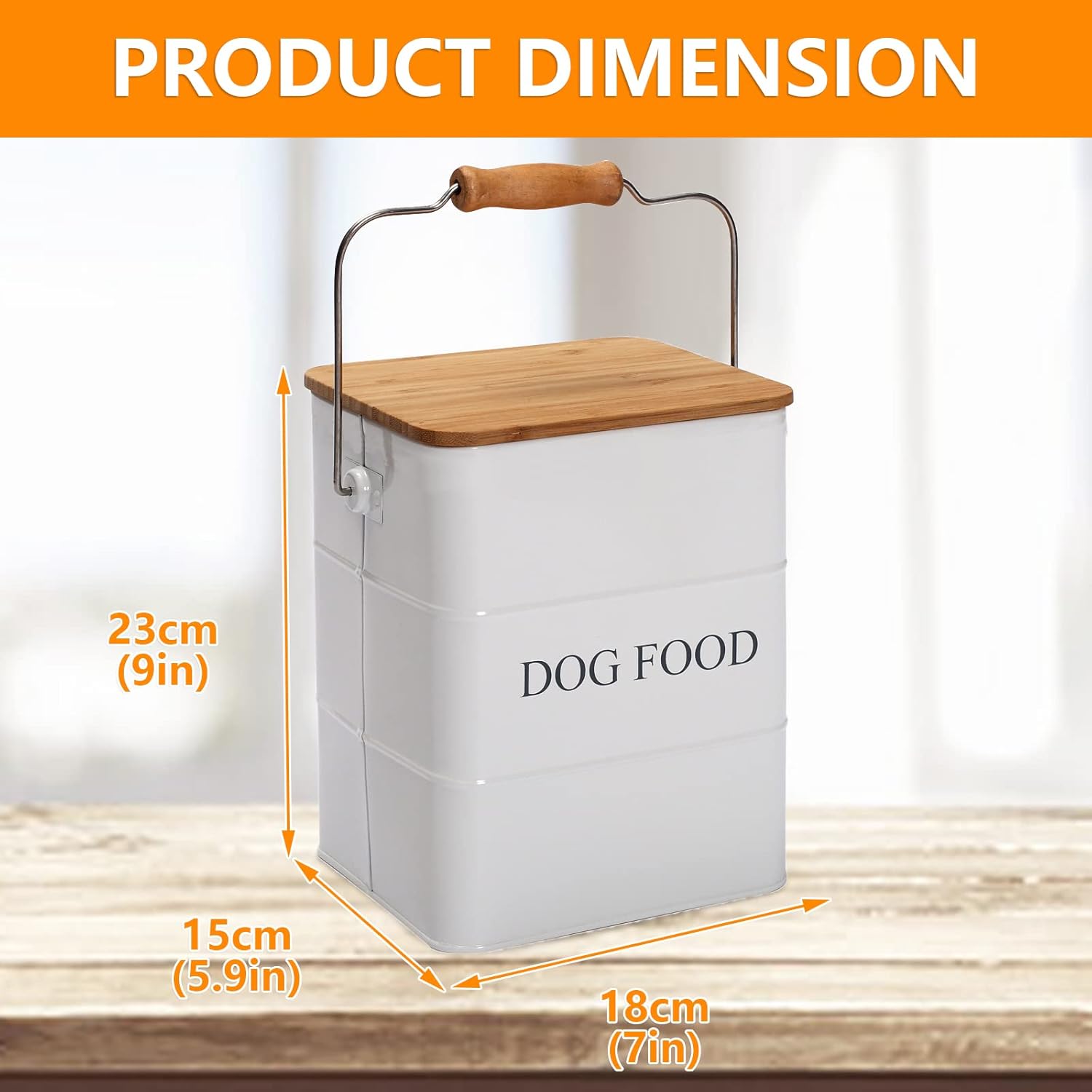 Morezi Dog Treat and Food Storage Tin with Wooden Lid and Scoop Included - White Powder - Carbon Steel - 5 lbs Capacity - Pet Food Container Storage Canister