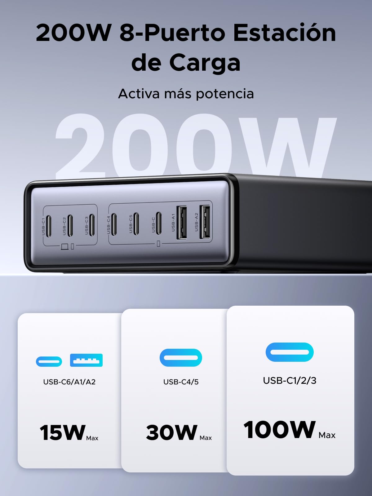 UGREEN Zapix 200W Cargador USB C GAN Estación de Carga de Sobremesa | 8 Puerto 100W PD 3.1 PPS 45W Carga Rápida GAN Compatible con MacBook Pro Air iPhone 17 Pro Max Air 16 Galaxy S26