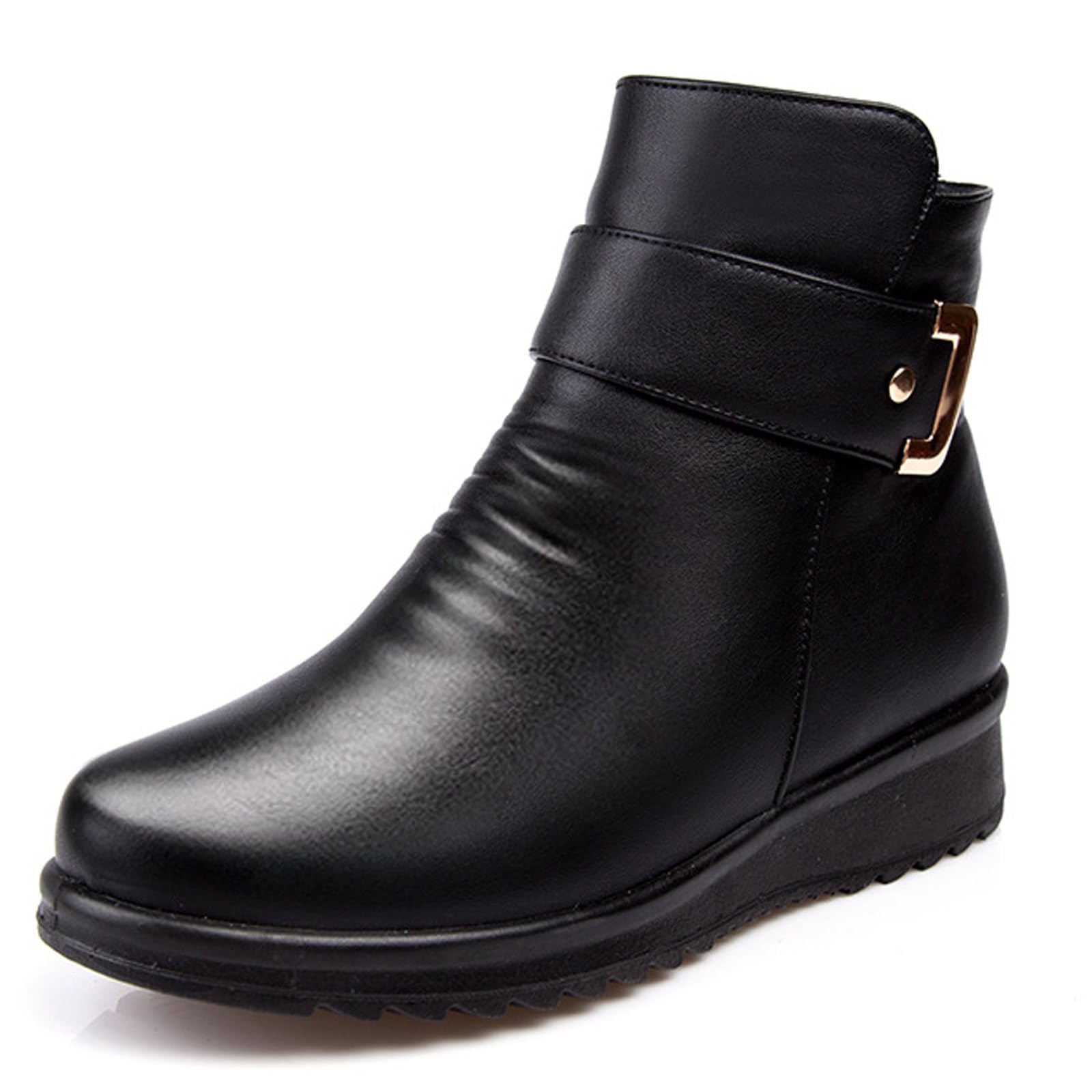 Womens Warm Plush Lined Side Zipper Ankle Boots Winter Leather Buckle Strap Waterproof Fur Lined Platform Snow Boots