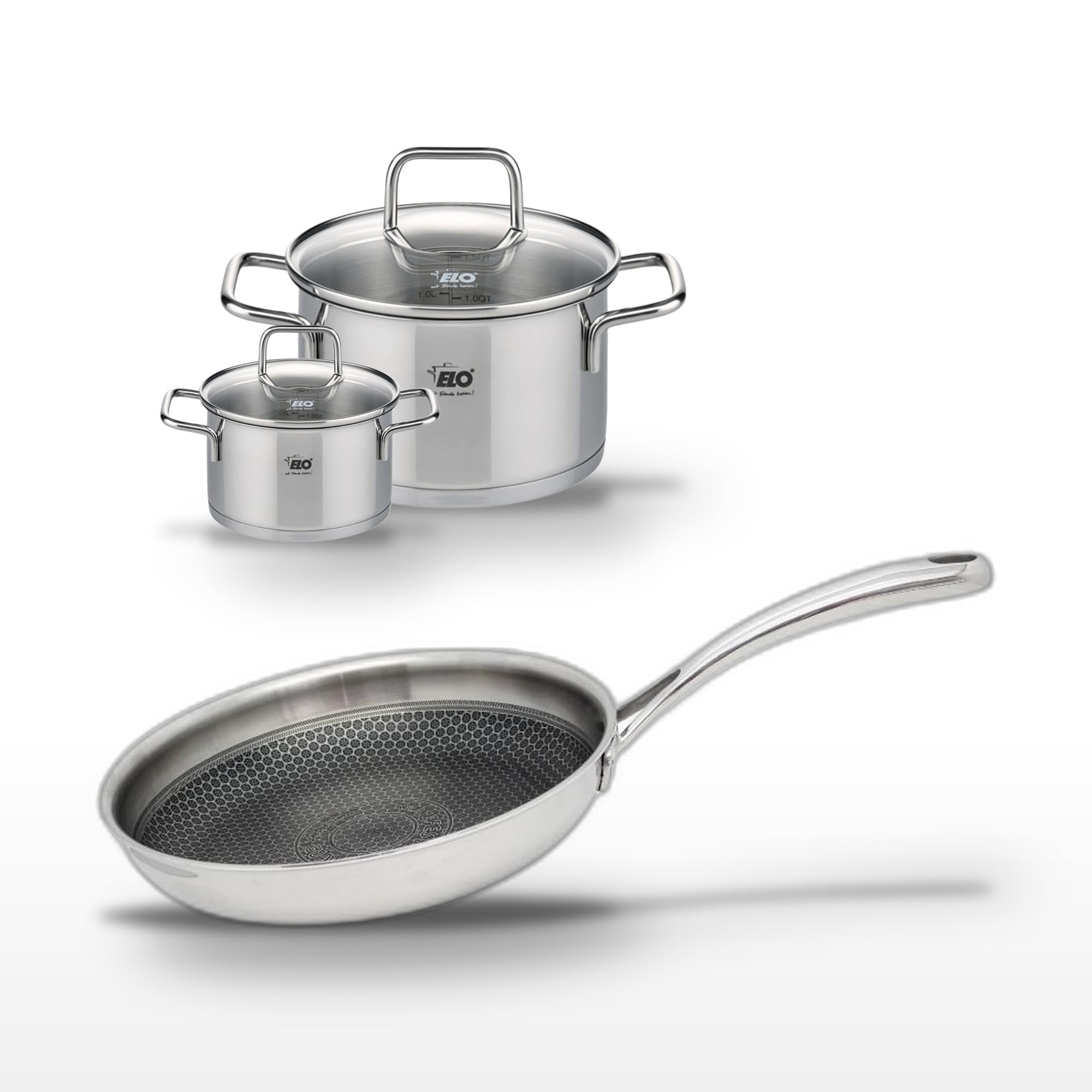 Elo Batterie de cuisine 1 poêle 24 cm et 2 faitouts 12/20 cm | Cuisson maîtrisée, 3 pièces pour équiper le quotidien, Poêle 24 cm, Faitouts 12 et 20 cm, Inox, Induction et four