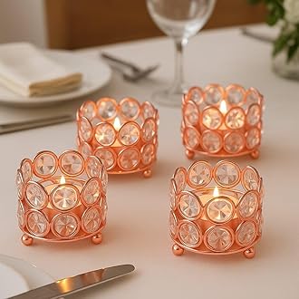 Iorn Art Ware Crystal Tealight Candle Holder Votives Bowl for Home Decor, Christams Diya Diwali Decor Lights Centerpieces for Wedding Home Party Table Decor (Rose Gold (Pack of 4))