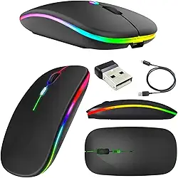 Mouse Sem Fio RGB Recarregável – Silencioso, Ergonômico, Dual Mode Bluetooth 5.0 + USB 2.4GHz e DPI Ajustável – Preto