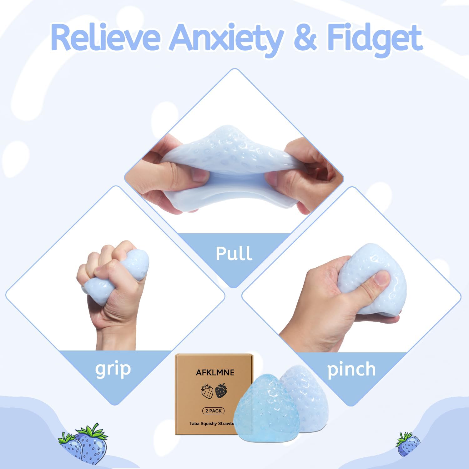 2-Pack Taba Squishy Strawberry Sensory Fidget Toys Adults, Anxiety Stress Relief Squeeze Toy, Soft Cute Kawaii Squishy’s for Desk, School (Blue)