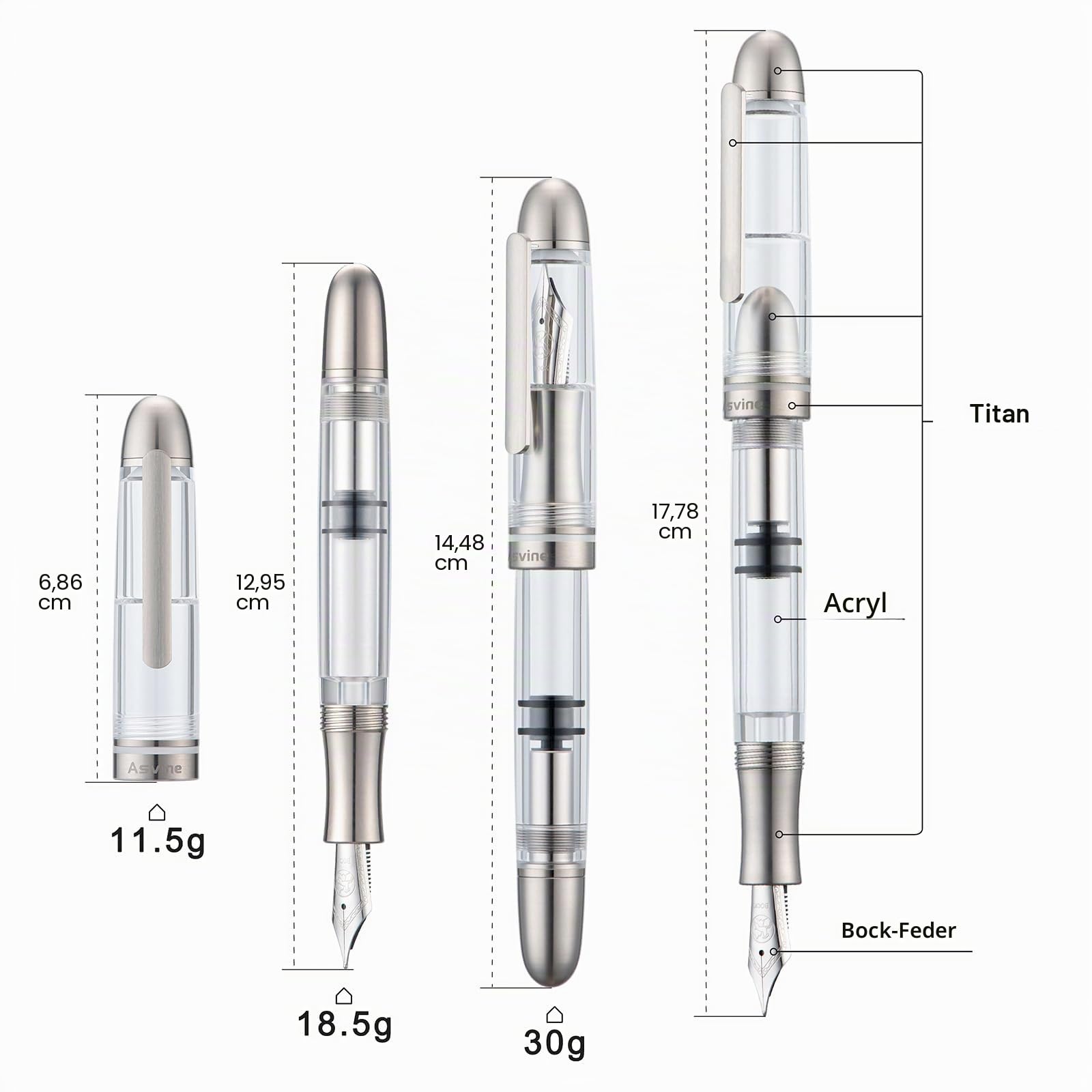 Asvine P36 Titan Füllfederhalter Kolbenfüllung, Bock Mittlere Feder, Klar, Transparentes Acryl Füller, glattes Schreiben, Stiftetui-Set