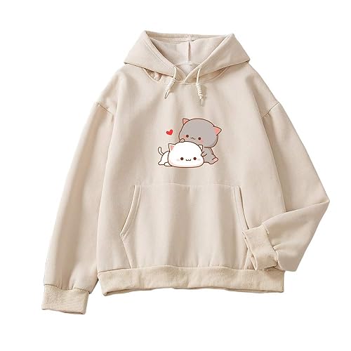KEEVICI Women Kawaii Cartoon Cute Cat Graphic Casual Cotton Pullover Hoodies Sweatshirt - Apricot - Medium