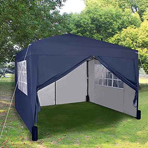 Pop-Up-Pavillon 3x3m Falt Pavillon mit Seiten 2 Windstäben und 4 Gewichtssäcken und silberfarbener Schutzschicht wasserdicht Festzeltüberdachung WS (Blau)