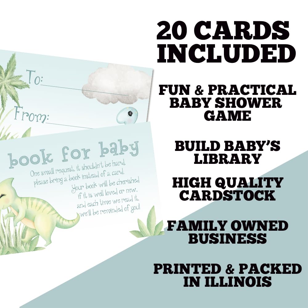 Amanda Creation Book Request Cards Blue Dinosaur Bring a Book Insert Request for Baby Shower - 20 2.5 by 4 Inch Double Sided Gift Tags, Made in the USA